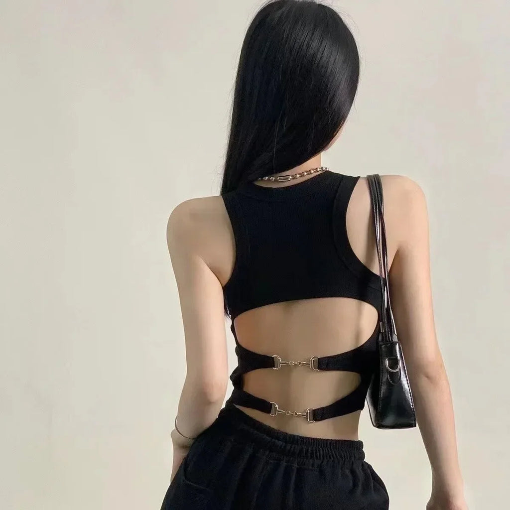 Women Sports Tank Sexy Backless Tops with Bra Pad Casual Crop Tops