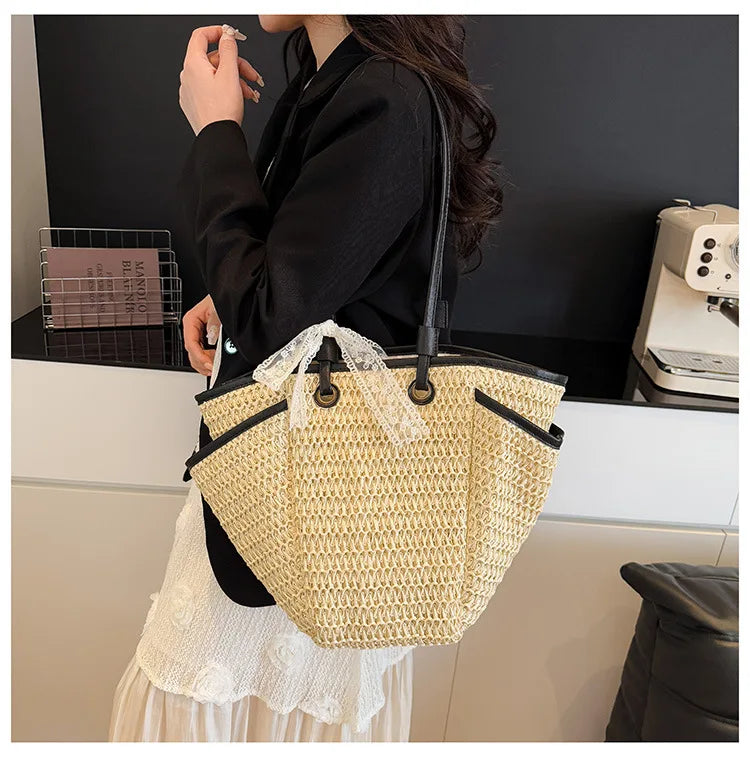 2025 Spring Woven Bucket Bag for Women Minimalist Niche Shoulder Bag Spacious Straw Tote Casual Bohemian Handbag