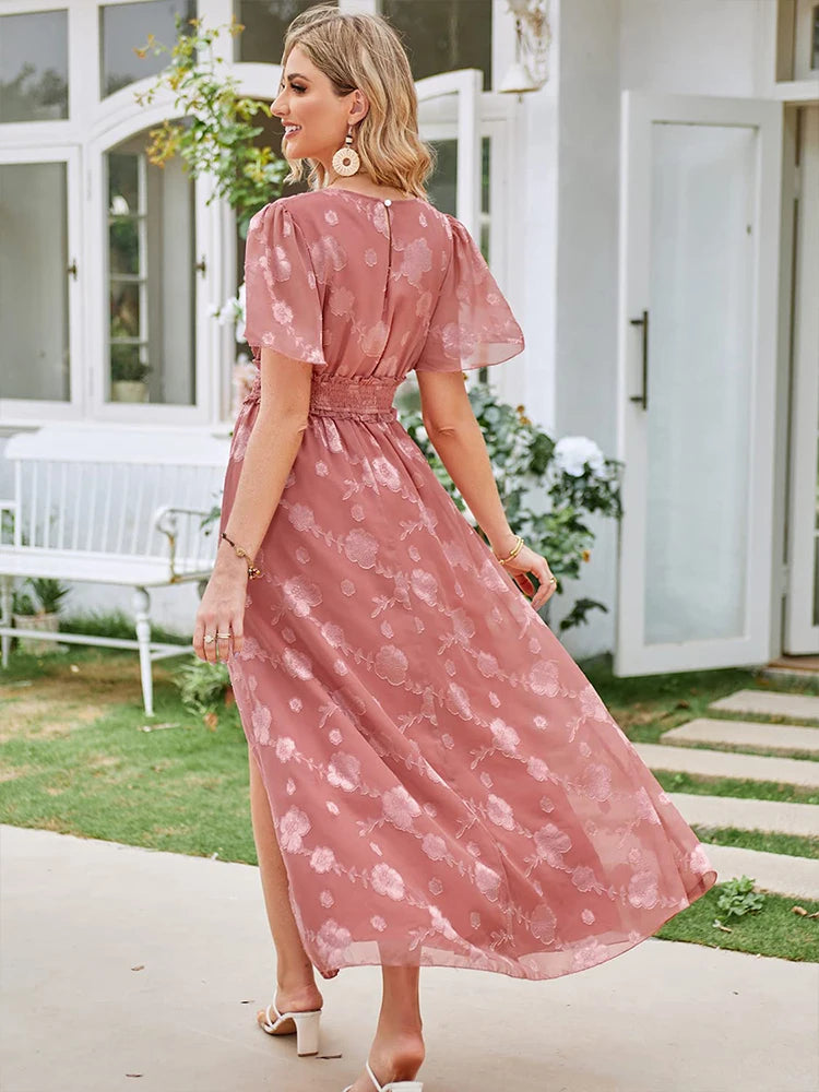 Maxi Dress Casual Summer V Neck Puff Sleeve High Waist Lace Up Dress