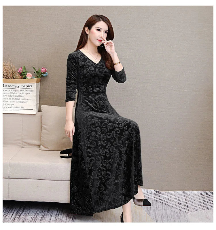 Elegant Velvet Dress Solid Long Sleeve Party Women Sexy V Neck Slim Fit Autumn Fashion Gothic Elbise Vestidos Mujer Femme Winter