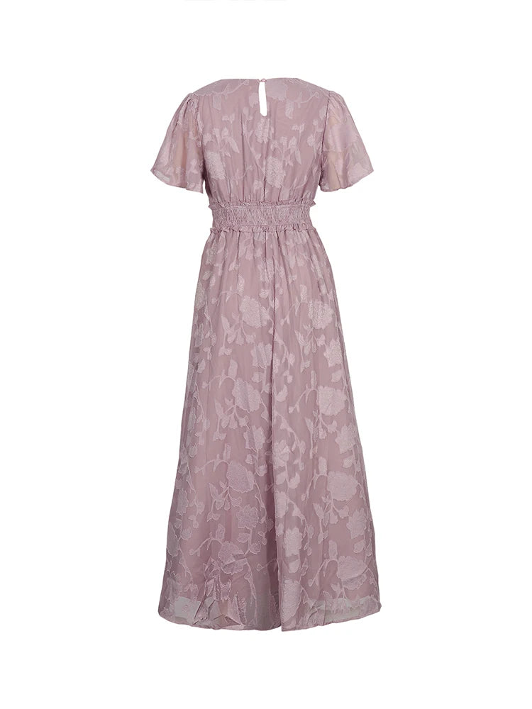 Maxi Dress Casual Summer V Neck Puff Sleeve High Waist Lace Up Dress