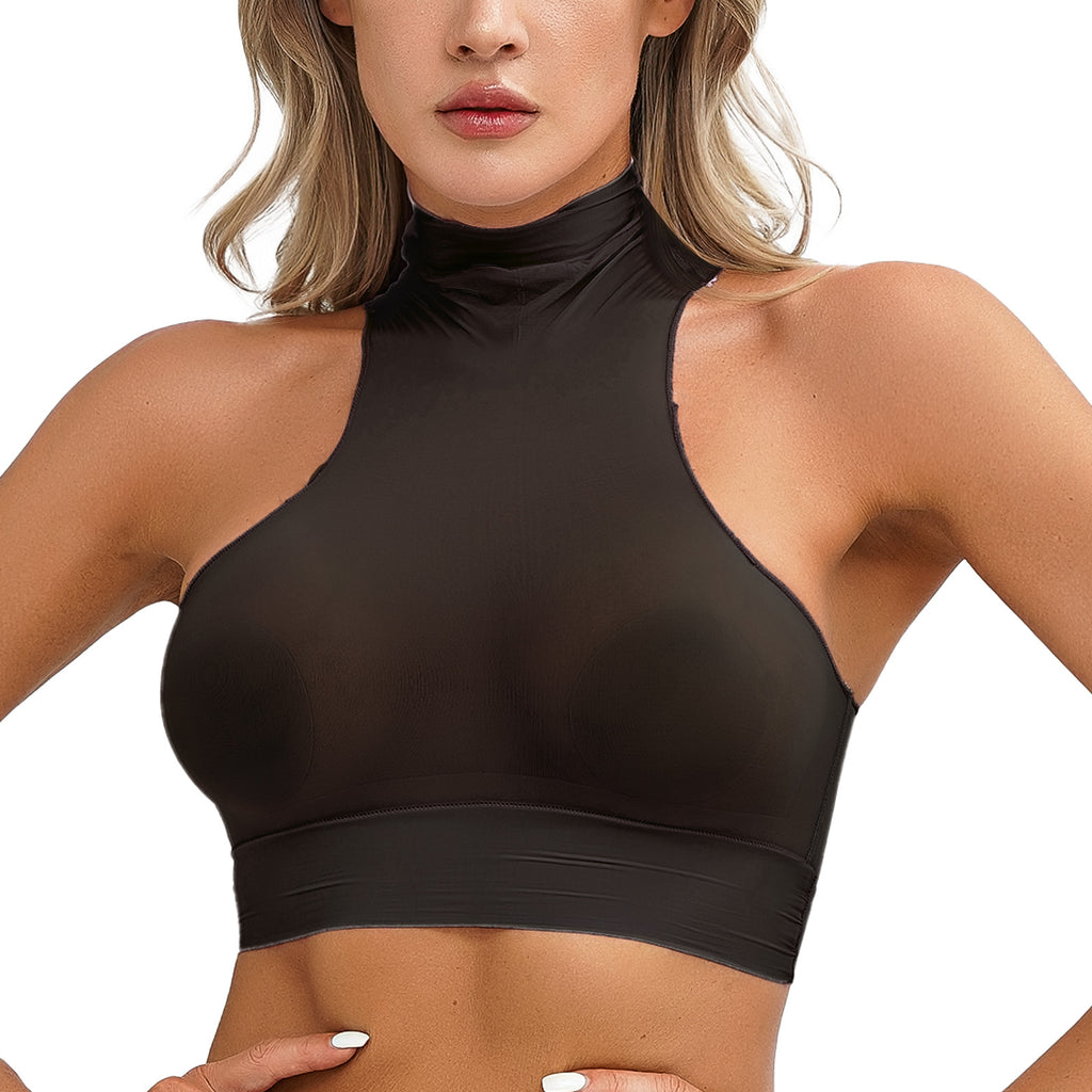 Womens Glossy Crop Tops Mock Neck Sleeveless Sheer See-Through Slim Fit Vest Tops