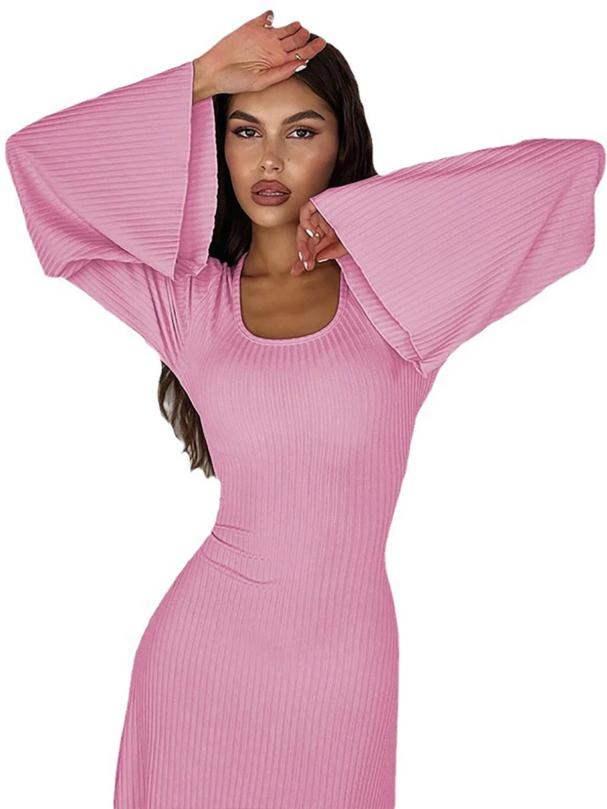 Women‘s Casual  Dress U Neck A Line Slim Skinny Elastic Bell Long Sleeve Dress