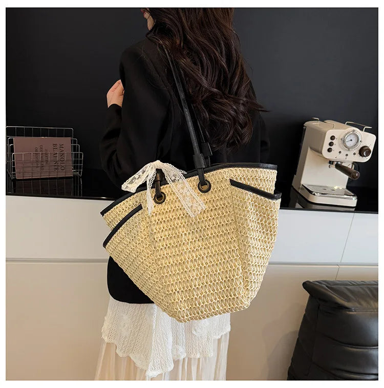 2025 Spring Woven Bucket Bag for Women Minimalist Niche Shoulder Bag Spacious Straw Tote Casual Bohemian Handbag
