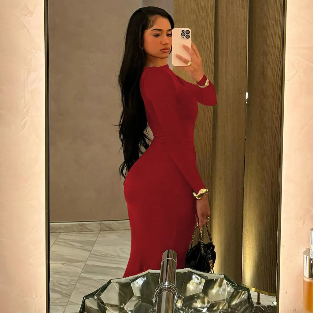Sexy Wrap Buttocks Dresses Women O Neck Dress Long Sleeve Sheath Slim Fit Solid Spliced Pullover Folds Floor Length 2025