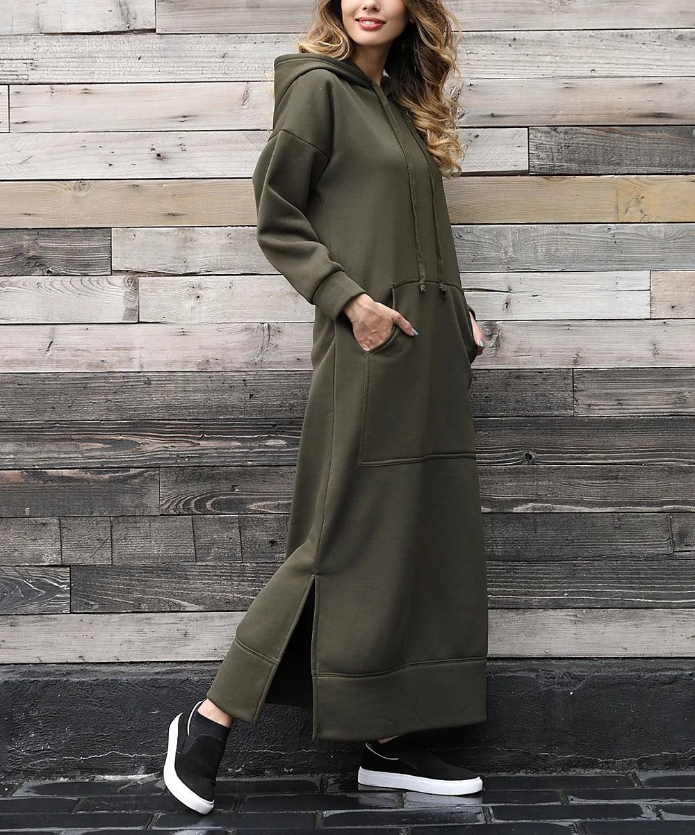 Women Dresses Autumn Winter hoodies Hooded Big Pocket Sweaters Dress