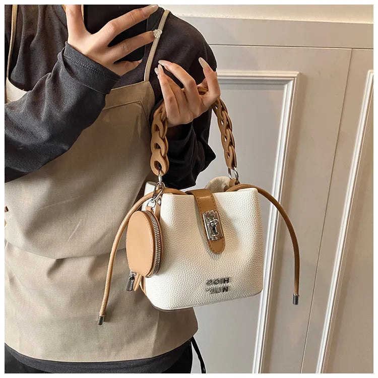 Handheld Bucket Bag For Women 2025 New Retro Pu Leather Patchwork Shoulder Bags Trend Versatile Commuting Mini Crossbody Pack