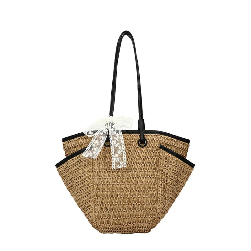 2025 Spring Woven Bucket Bag for Women Minimalist Niche Shoulder Bag Spacious Straw Tote Casual Bohemian Handbag