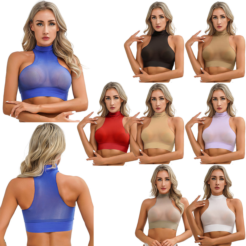 Womens Glossy Crop Tops Mock Neck Sleeveless Sheer See-Through Slim Fit Vest Tops