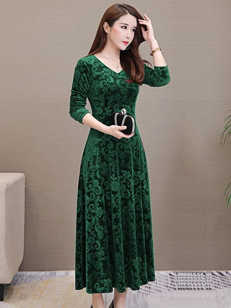 Elegant Velvet Dress Solid Long Sleeve Party Women Sexy V Neck Slim Fit Autumn Fashion Gothic Elbise Vestidos Mujer Femme Winter
