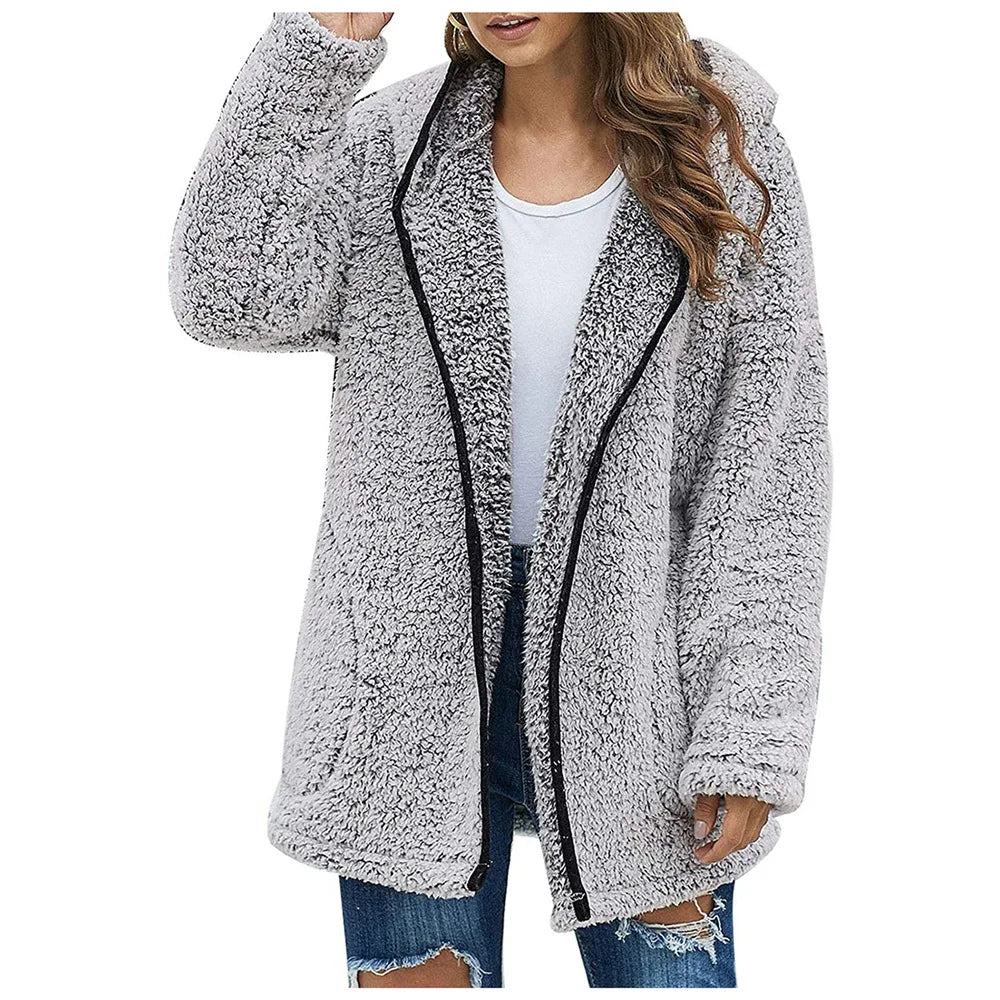 Winter Women Long Teddy Jacket Warm Thick Fleece Coat Turn Down Collar Plush Coat Fashion