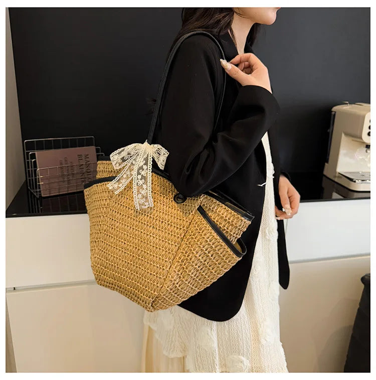 2025 Spring Woven Bucket Bag for Women Minimalist Niche Shoulder Bag Spacious Straw Tote Casual Bohemian Handbag