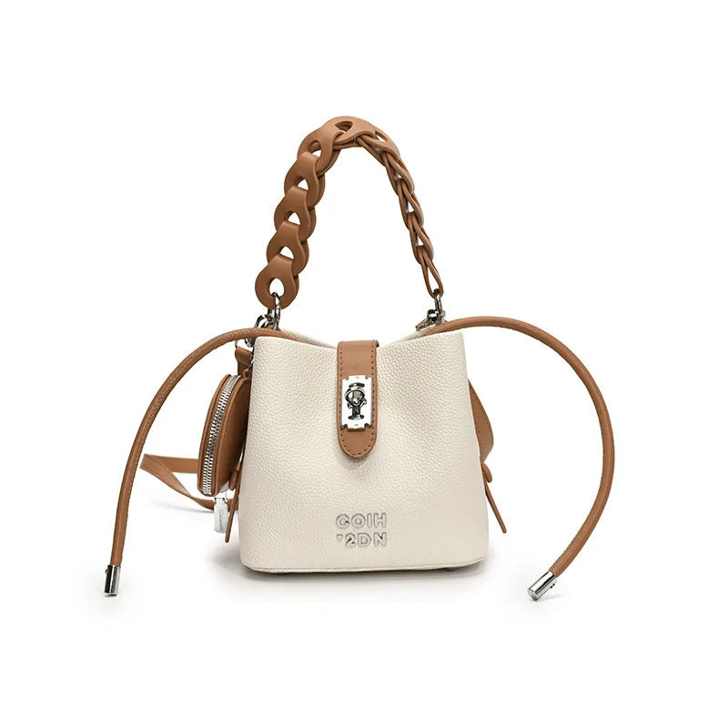 Handheld Bucket Bag For Women 2025 New Retro Pu Leather Patchwork Shoulder Bags Trend Versatile Commuting Mini Crossbody Pack