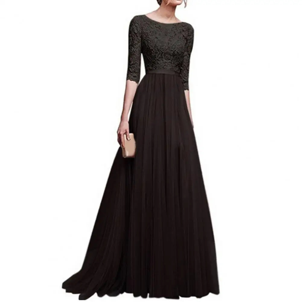 Women Maxi Dress Lace Flower Embroidery Pleated Floor Length Women