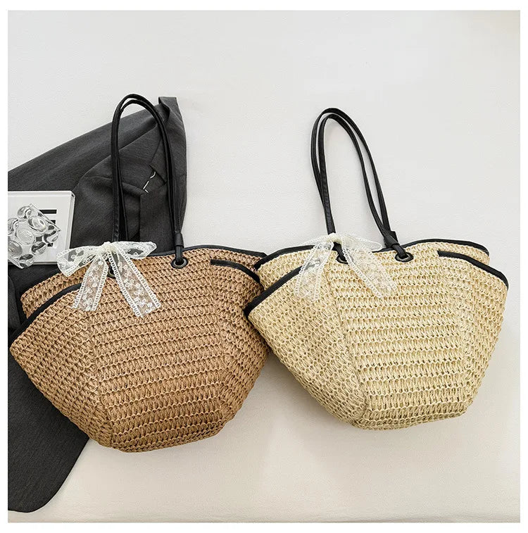 2025 Spring Woven Bucket Bag for Women Minimalist Niche Shoulder Bag Spacious Straw Tote Casual Bohemian Handbag