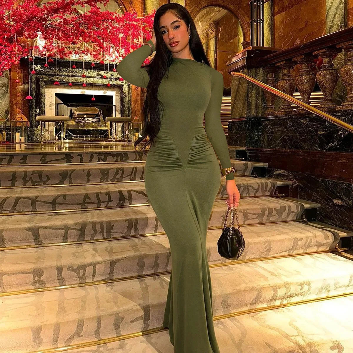 Sexy Wrap Buttocks Dresses Women O Neck Dress Long Sleeve Sheath Slim Fit Solid Spliced Pullover Folds Floor Length 2025