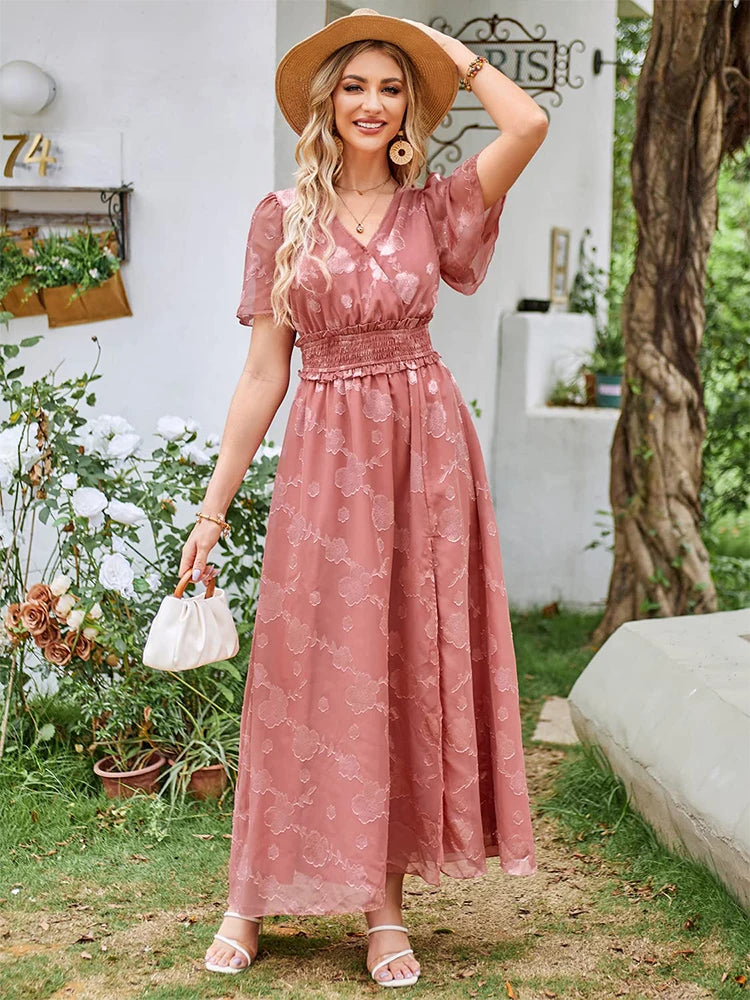 Maxi Dress Casual Summer V Neck Puff Sleeve High Waist Lace Up Dress