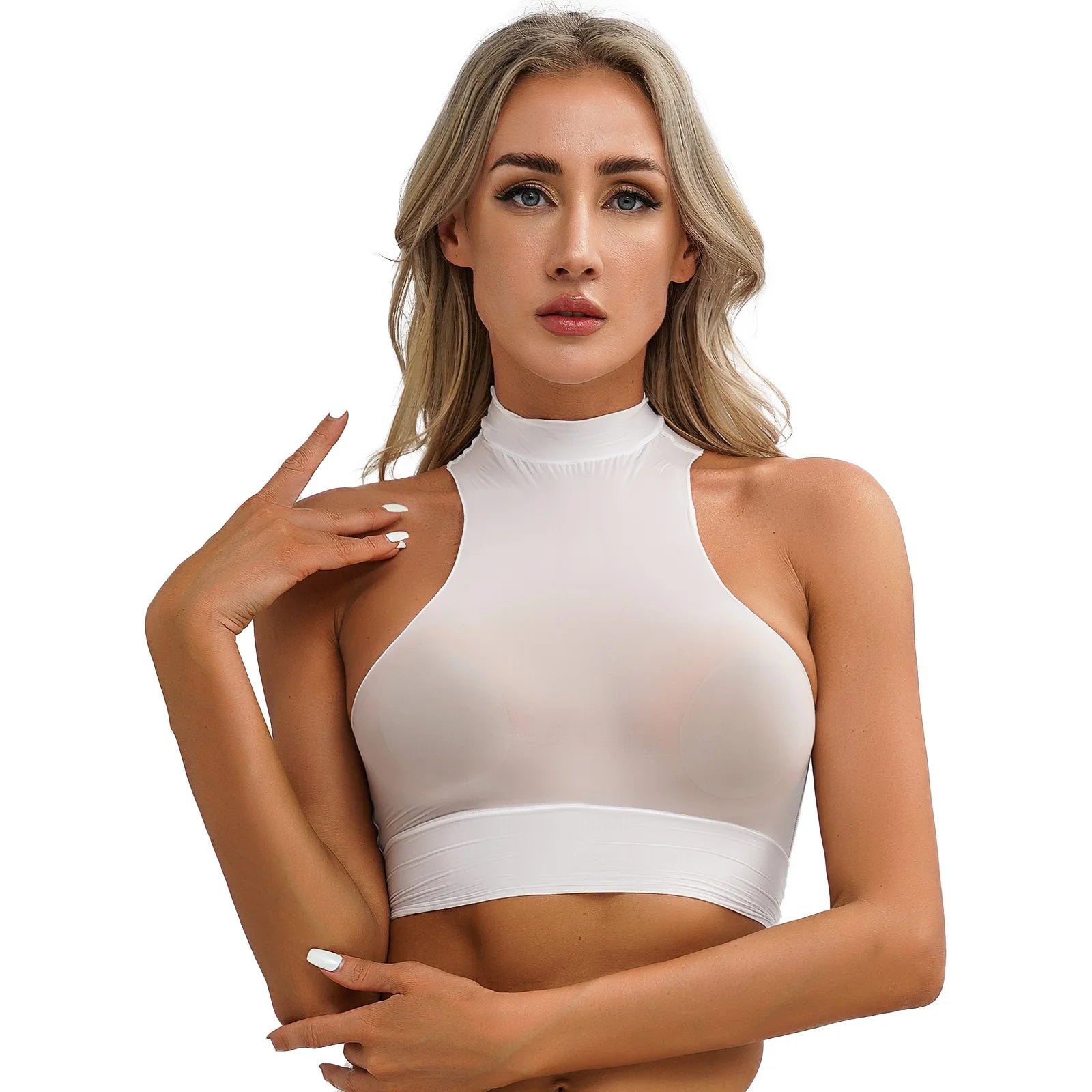 Womens Glossy Crop Tops Mock Neck Sleeveless Sheer See-Through Slim Fit Vest Tops