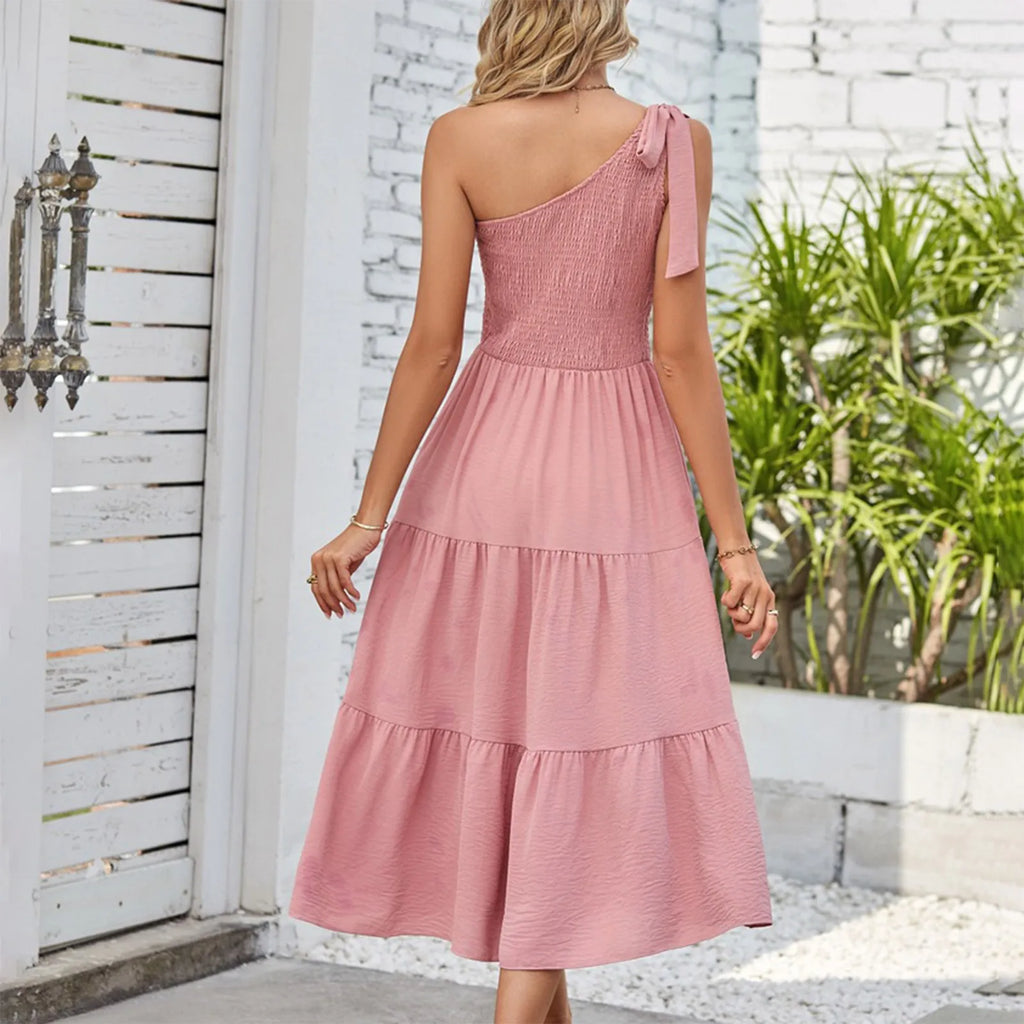 Women'S Summer Casual One Shoulder Sleeveless Smocked Elastic Dress