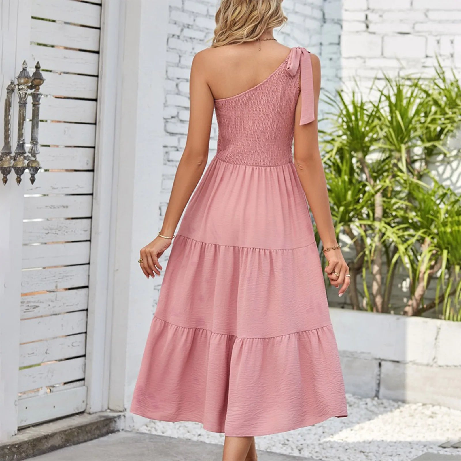 Women'S Summer Casual One Shoulder Sleeveless Smocked Elastic Dress