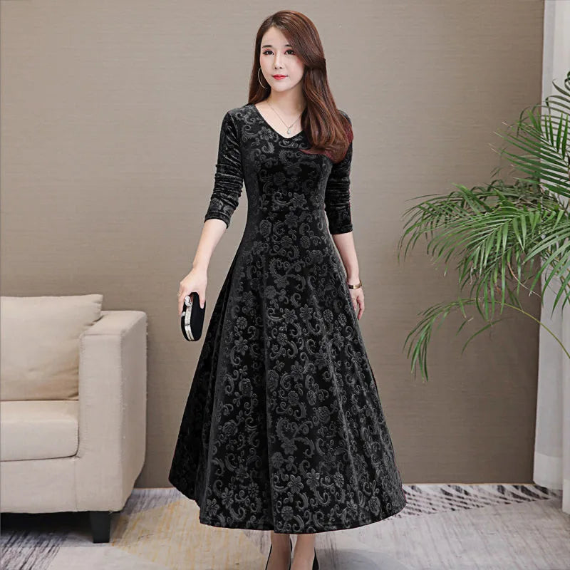 Elegant Velvet Dress Solid Long Sleeve Party Women Sexy V Neck Slim Fit Autumn Fashion Gothic Elbise Vestidos Mujer Femme Winter