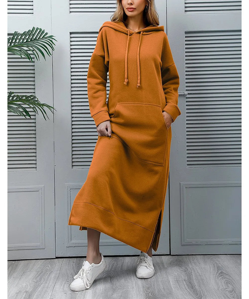 Women Dresses Autumn Winter hoodies Hooded Big Pocket Sweaters Dress
