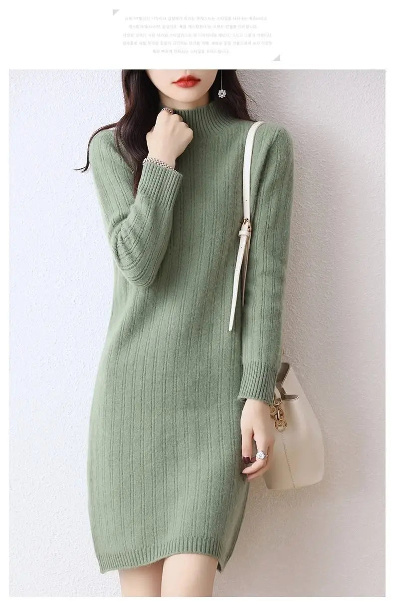 Winter New Dresses Women Solid Half High Collar Temperamen Fashion