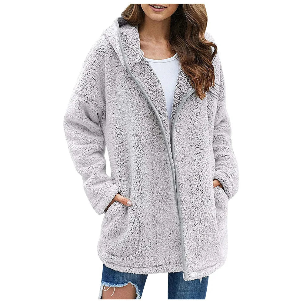 Winter Women Long Teddy Jacket Warm Thick Fleece Coat Turn Down Collar Plush Coat Fashion