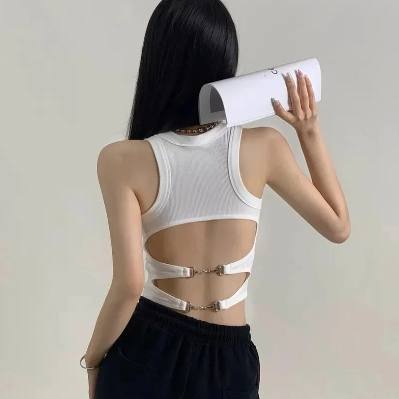 Women Sports Tank Sexy Backless Tops with Bra Pad Casual Crop Tops