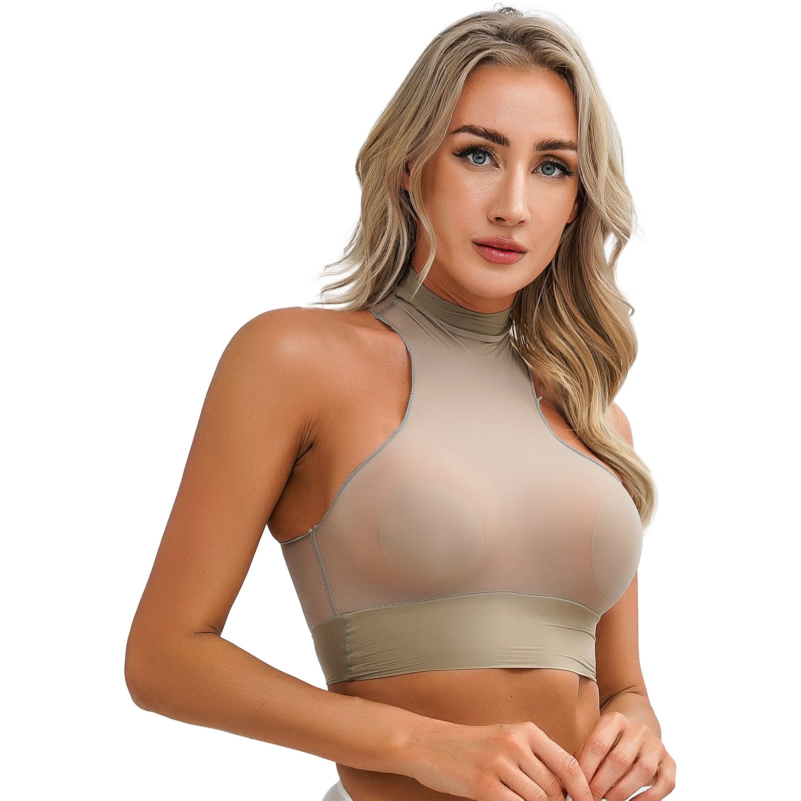 Womens Glossy Crop Tops Mock Neck Sleeveless Sheer See-Through Slim Fit Vest Tops