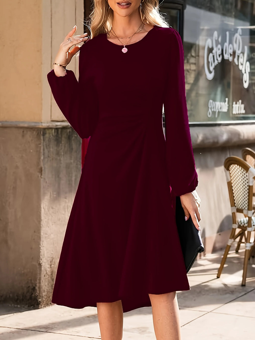 sleeved Black Maxi Dress with Ruched Waist Detail