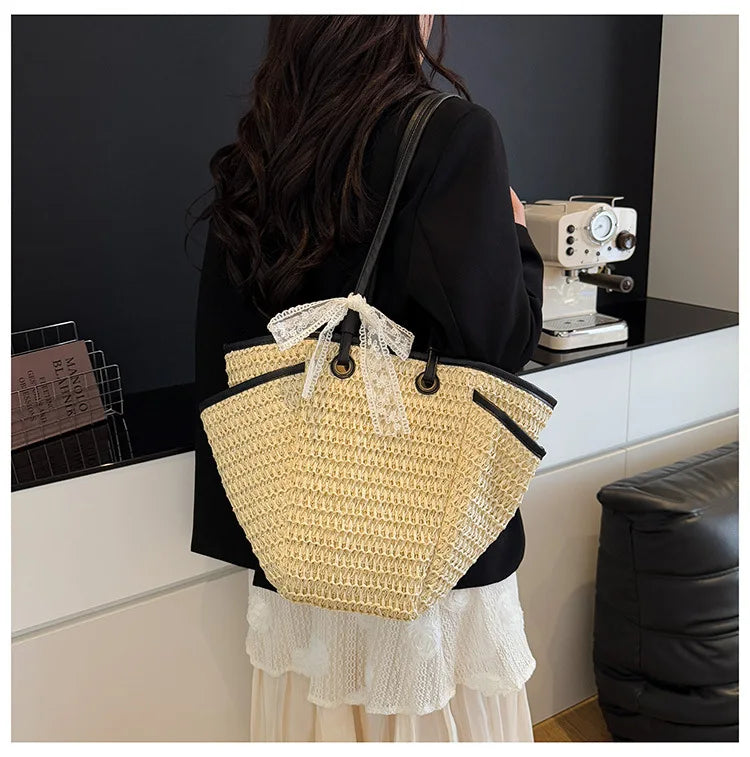 2025 Spring Woven Bucket Bag for Women Minimalist Niche Shoulder Bag Spacious Straw Tote Casual Bohemian Handbag