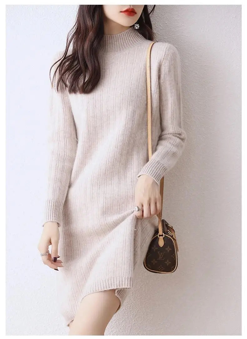 Winter New Dresses Women Solid Half High Collar Temperamen Fashion
