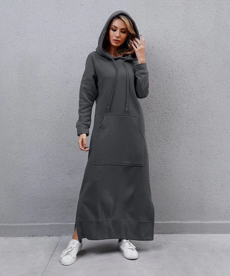 Women Dresses Autumn Winter hoodies Hooded Big Pocket Sweaters Dress