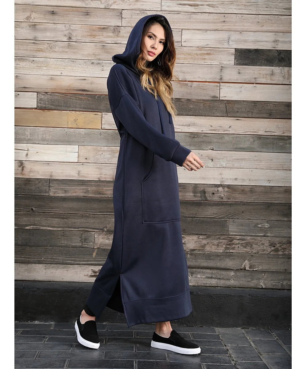 Women Dresses Autumn Winter hoodies Hooded Big Pocket Sweaters Dress