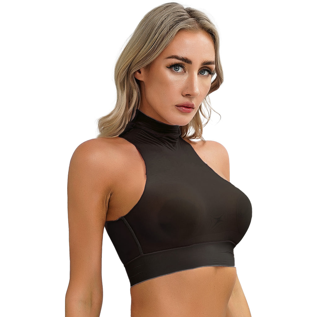 Womens Glossy Crop Tops Mock Neck Sleeveless Sheer See-Through Slim Fit Vest Tops