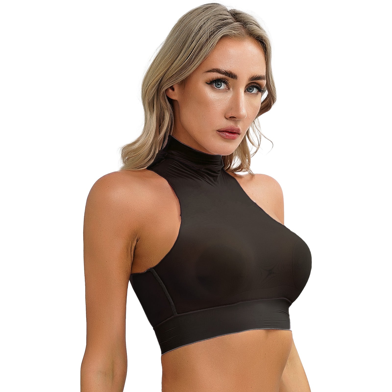 Womens Glossy Crop Tops Mock Neck Sleeveless Sheer See-Through Slim Fit Vest Tops