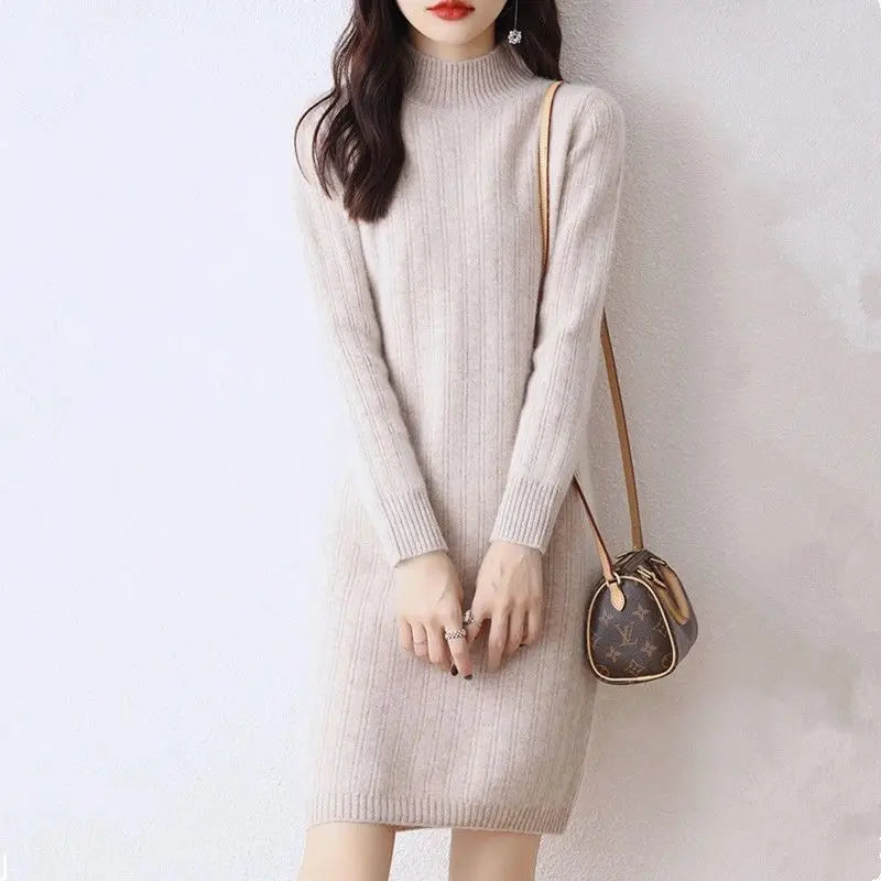 Winter New Dresses Women Solid Half High Collar Temperamen Fashion