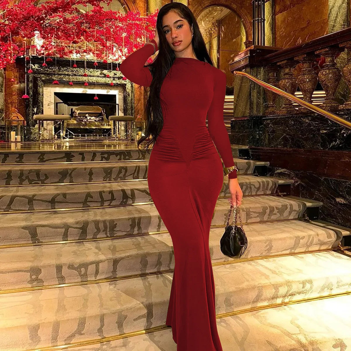 Sexy Wrap Buttocks Dresses Women O Neck Dress Long Sleeve Sheath Slim Fit Solid Spliced Pullover Folds Floor Length 2025