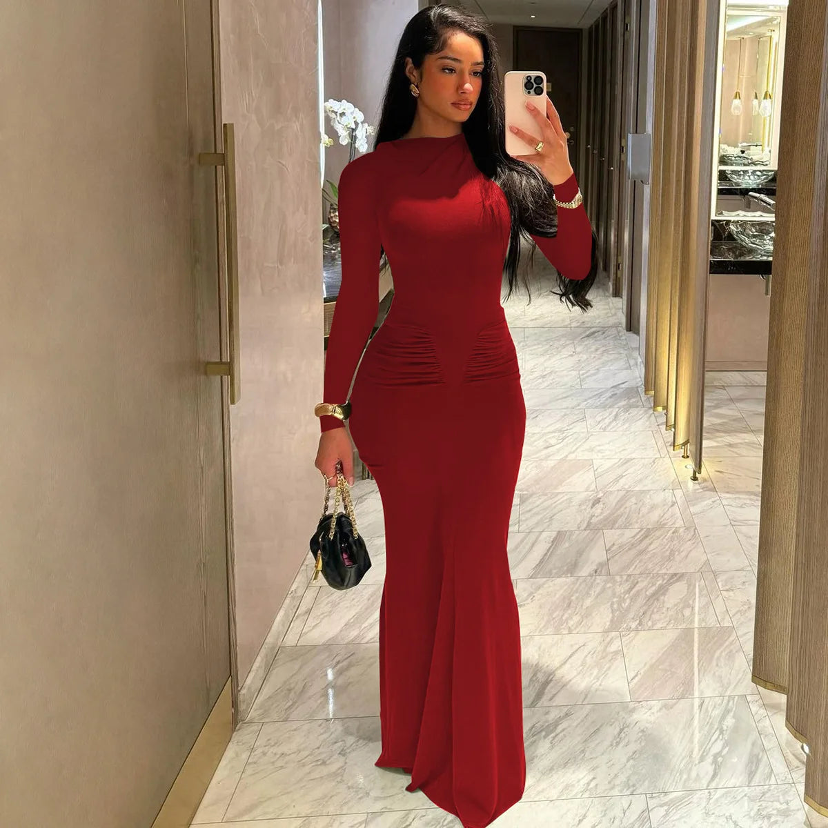 Sexy Wrap Buttocks Dresses Women O Neck Dress Long Sleeve Sheath Slim Fit Solid Spliced Pullover Folds Floor Length 2025