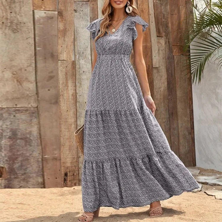 Casual V Neck Print Dress For Women Fashion Boho Holiday Beach Dresses