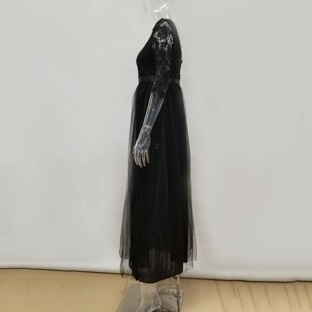 Women Maxi Dress Lace Flower Embroidery Pleated Floor Length Women