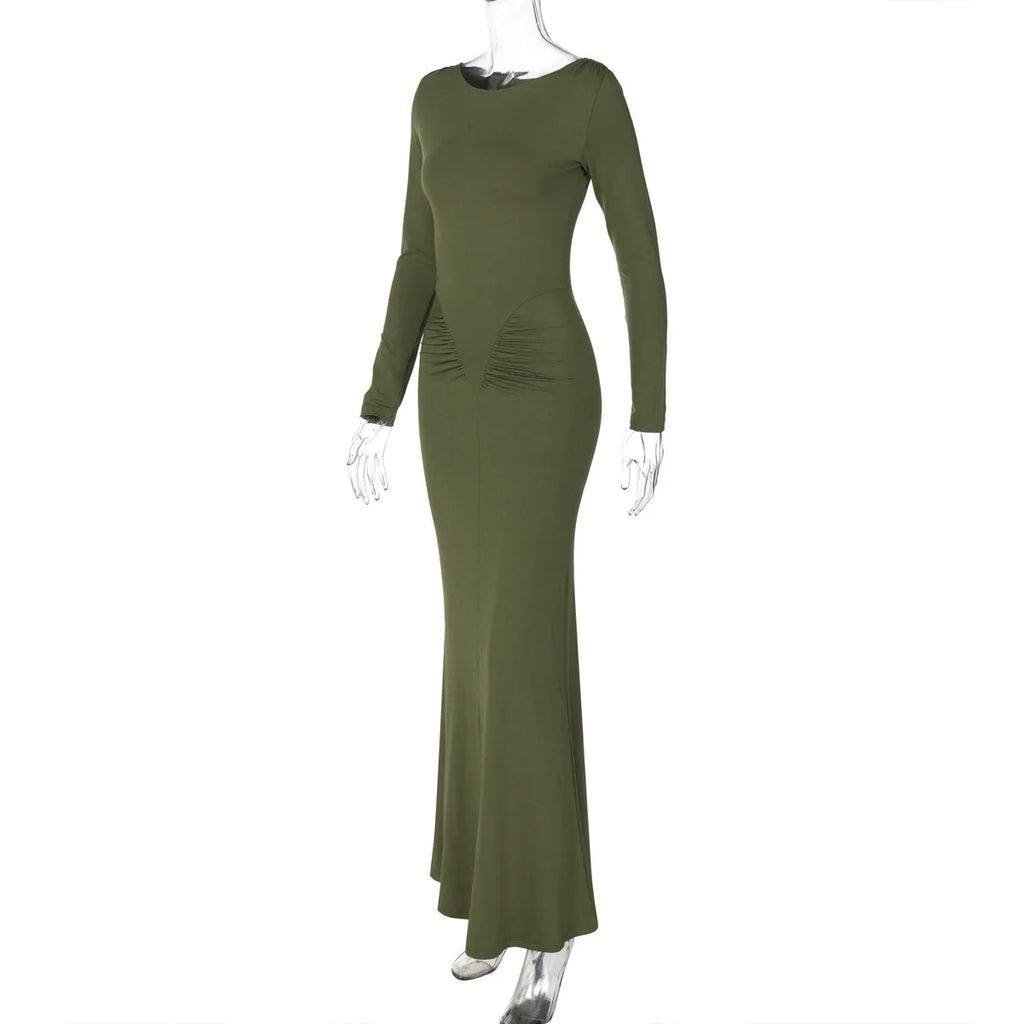 Sexy Wrap Buttocks Dresses Women O Neck Dress Long Sleeve Sheath Slim Fit Solid Spliced Pullover Folds Floor Length 2025