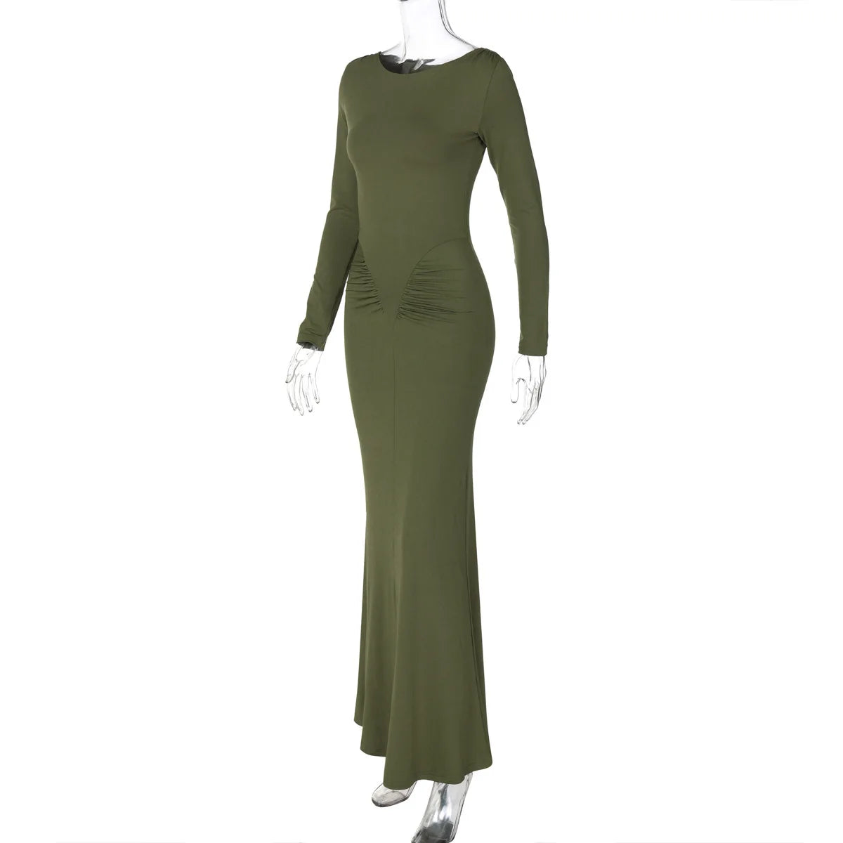 Sexy Wrap Buttocks Dresses Women O Neck Dress Long Sleeve Sheath Slim Fit Solid Spliced Pullover Folds Floor Length 2025