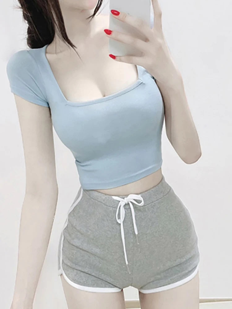 Crop Tops Cotton Basic T Shirts Women Solid Square Collar Half Sleeve Female Tops Summer 2025 New Casual Slim Fit Ladies Tees