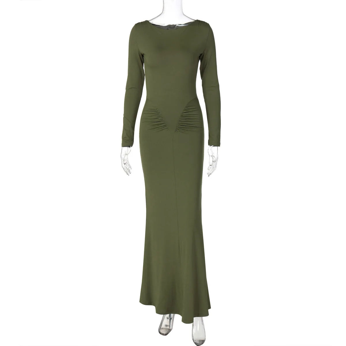 Sexy Wrap Buttocks Dresses Women O Neck Dress Long Sleeve Sheath Slim Fit Solid Spliced Pullover Folds Floor Length 2025