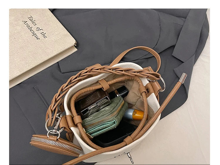 Handheld Bucket Bag For Women 2025 New Retro Pu Leather Patchwork Shoulder Bags Trend Versatile Commuting Mini Crossbody Pack