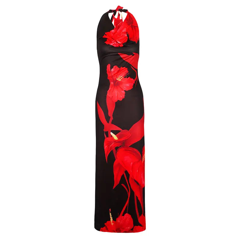 Women's Maxi Dresses Summer New Streetwear Fashion Lace-up Knitted Dress Red Sexy Female Print Backless Low Chest V-Neck Dresses