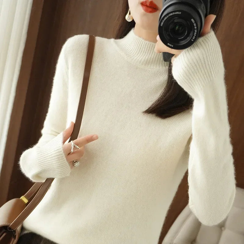 Winter Women Sweater Fashion Warm Bottoming Shirts Half High Collar Long Sleeve Pullovers