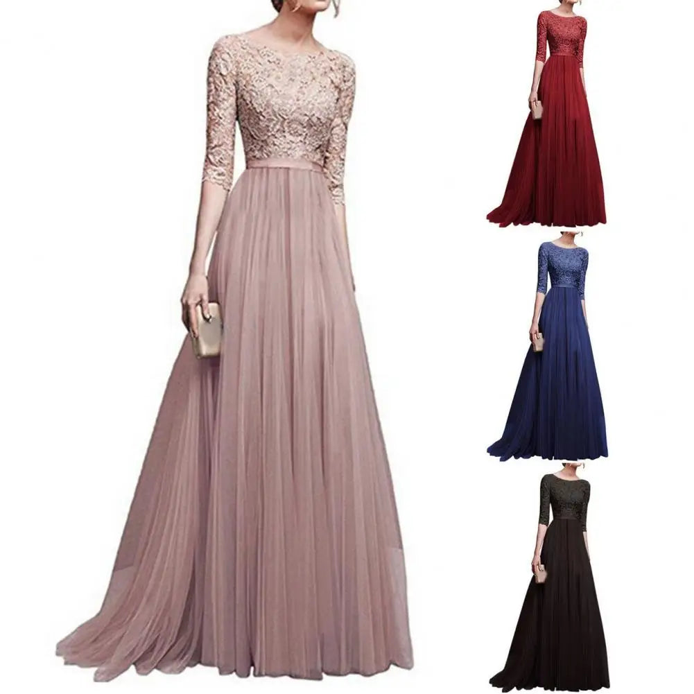 Women Maxi Dress Lace Flower Embroidery Pleated Floor Length Women